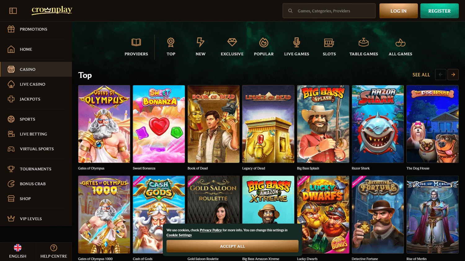 Crownplay Casino home interface on a desktop screen